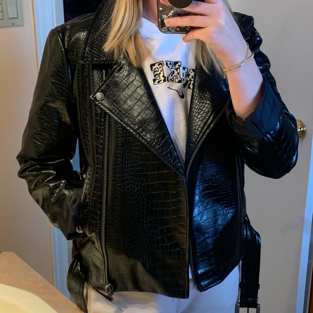 Croc Print Leather Biker Jacket Large
